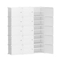 White modular cube shoe cabinet angle view on white background with one column open showing multi-tier shelves