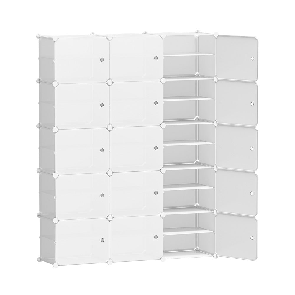 White modular cube shoe cabinet angle view on white background with one column open showing multi-tier shelves