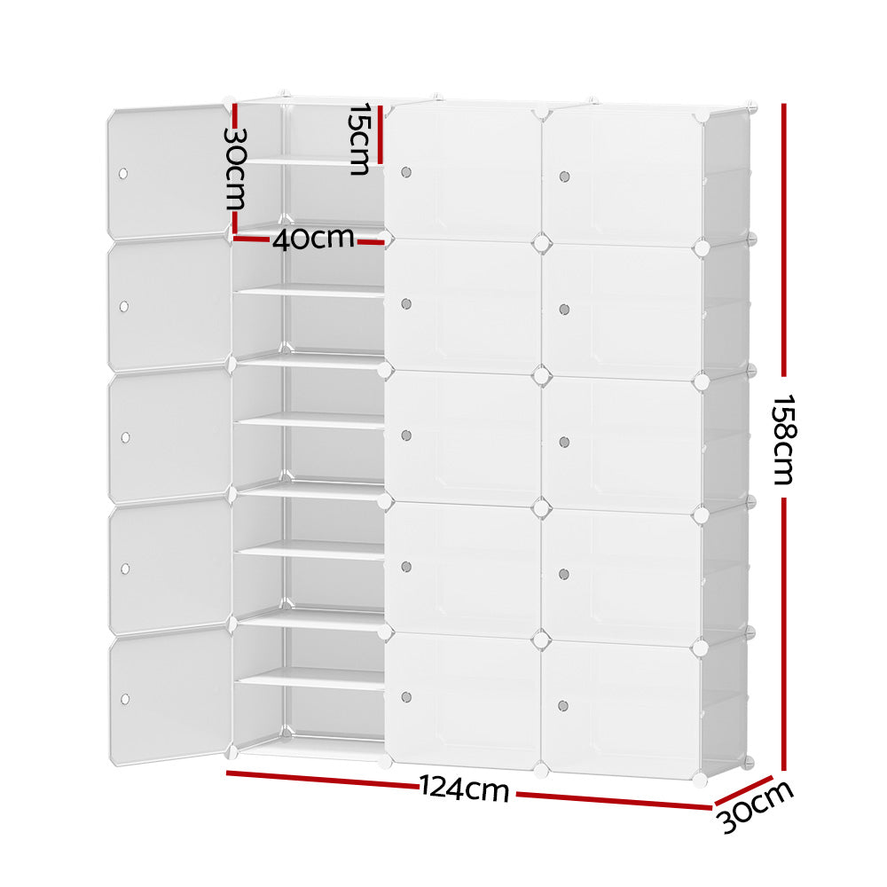 White modular cube shoe cabinet dimensions 158cm height 124cm width 30cm depth with 40cm wide 15cm tier shoe shelves