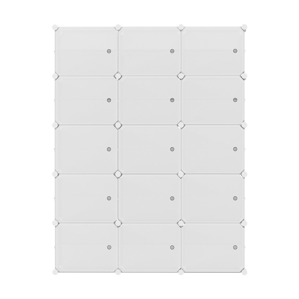 White modular cube shoe cabinet front view all doors closed 3 wide by 5 tall on white background