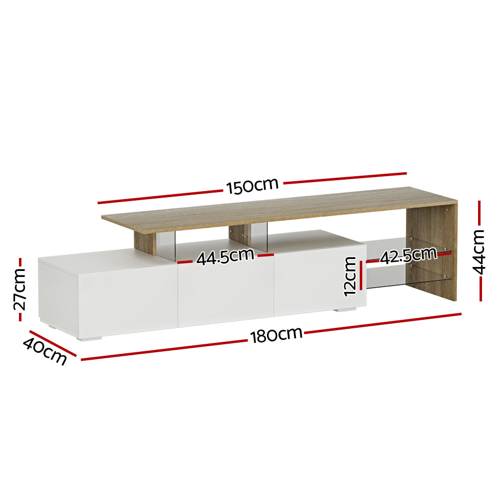 White and oak large stepped TV unit at angle showing three-door lower unit and extended oak top shelf