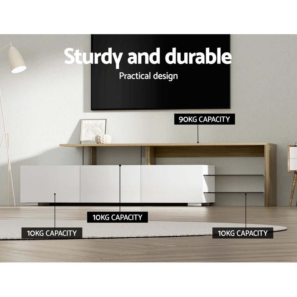 White TV unit features infographic showing precise drawer gap anti-rust runners and anti-slip base details