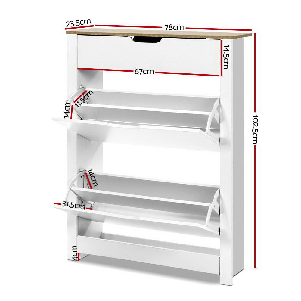 White oak top shoe cabinet dimensions 78cm wide 102.5cm tall 23.5cm deep drawer 14.5cm high tray widths 11.5cm 14cm 31.5cm