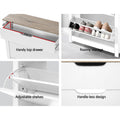 White oak top shoe cabinet features drawer 64cm wide 18cm deep adjustable shelves mechanism and handle-less recessed design