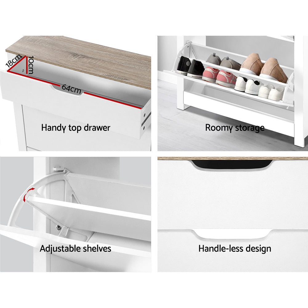 White oak top shoe cabinet features drawer 64cm wide 18cm deep adjustable shelves mechanism and handle-less recessed design