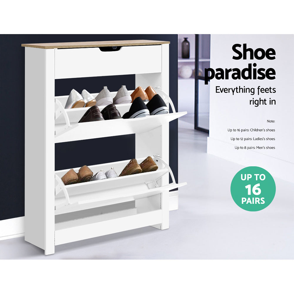 White oak top shoe cabinet both flip-out trays open loaded with shoes shoe paradise up to 16 pairs badge in lifestyle