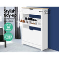 White oak top 2-compartment shoe cabinet upper tray open with mixed shoes blue wall backdrop stylish tidy-up 16 pairs badge