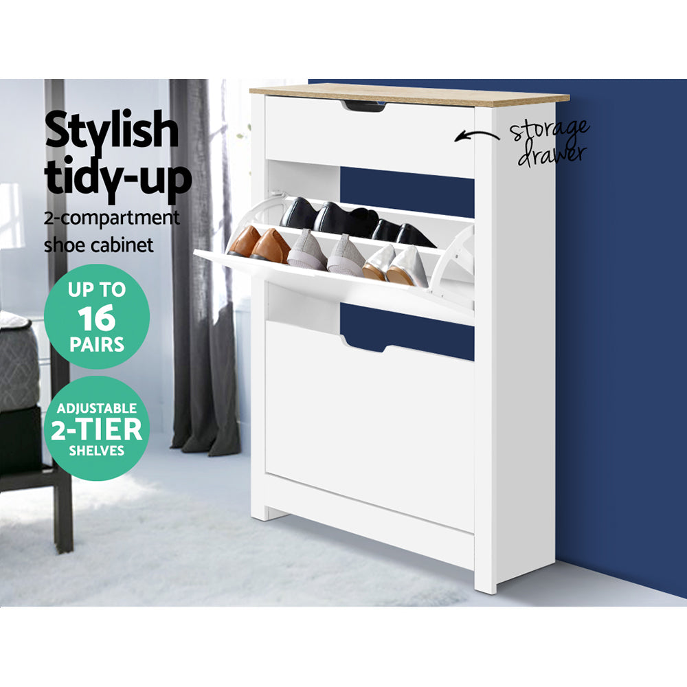 White oak top 2-compartment shoe cabinet upper tray open with mixed shoes blue wall backdrop stylish tidy-up 16 pairs badge