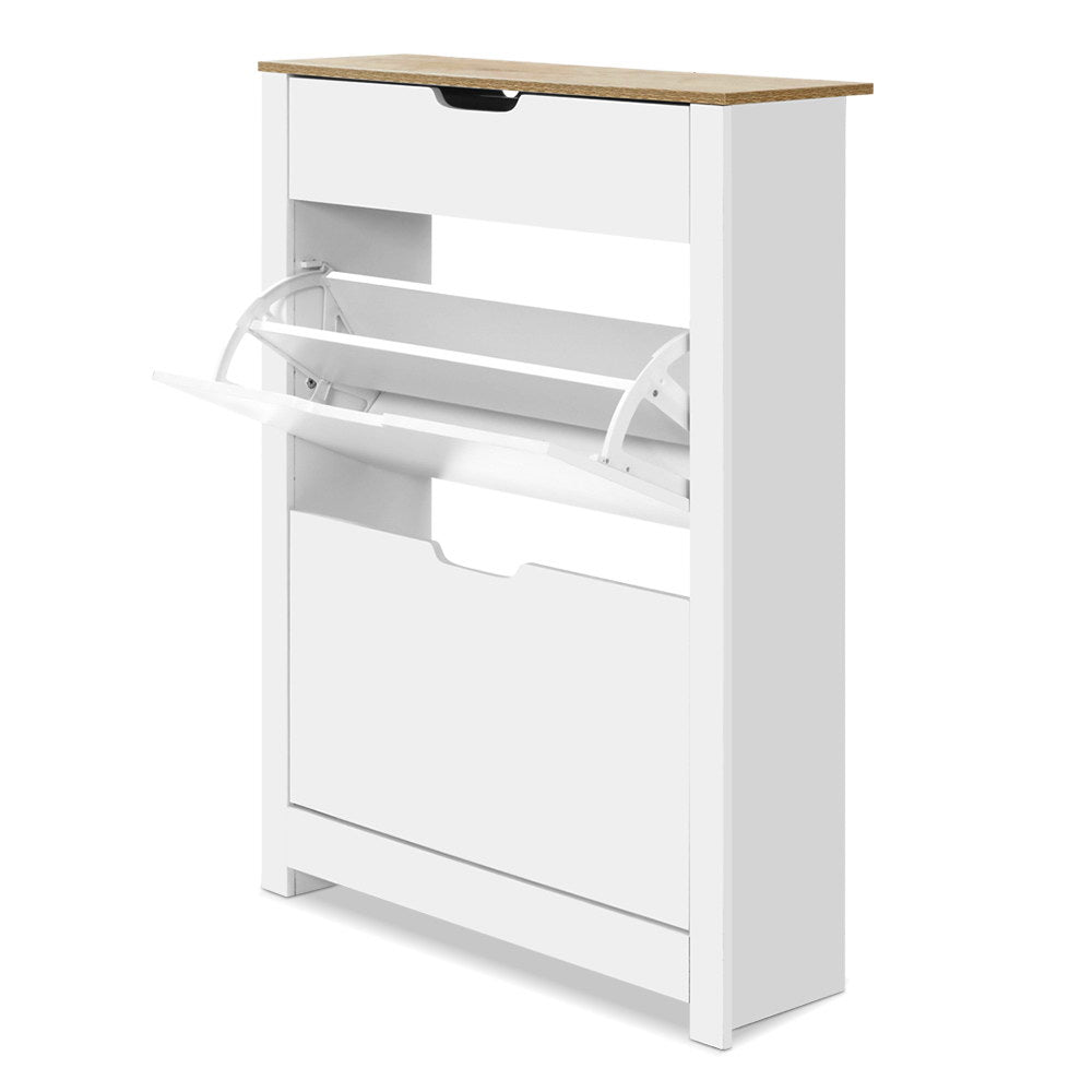 White shoe cabinet oak top one drawer and two flip-out compartments middle tray open showing mechanism on white background