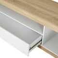 White and oak TV unit dimension diagram showing 180cm width 40cm depth 45cm height and 100cm drawer