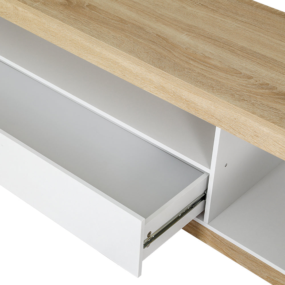 White and oak TV unit dimension diagram showing 180cm width 40cm depth 45cm height and 100cm drawer