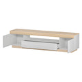 White and oak 180cm TV unit front view with two cabinet doors and centre open shelf on white background