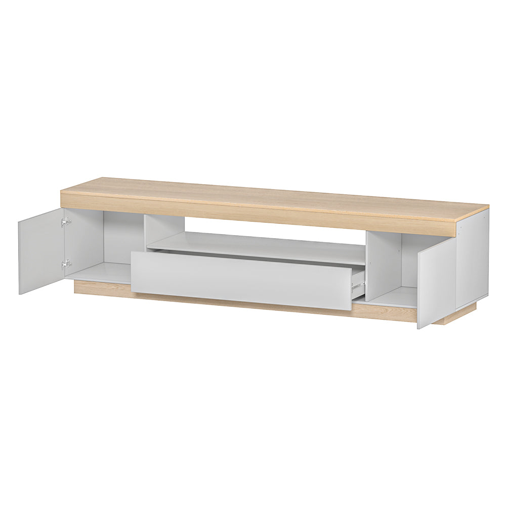 White and oak 180cm TV unit front view with two cabinet doors and centre open shelf on white background
