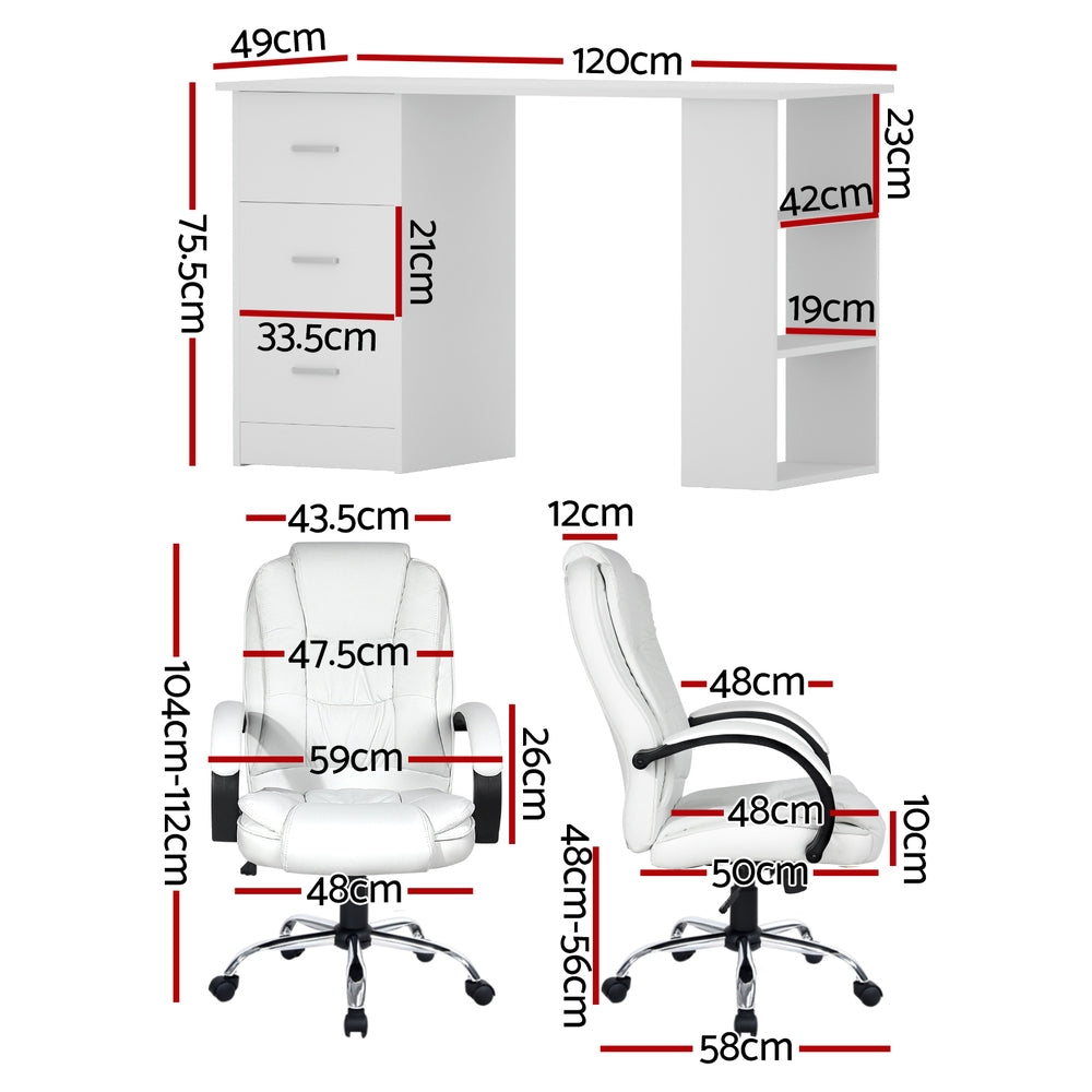 White office desk with side shelves and white PU leather executive chair set on white background