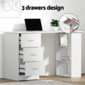 White office desk 3 drawers design infographic with open drawers 28cm wide 29cm deep in home setting