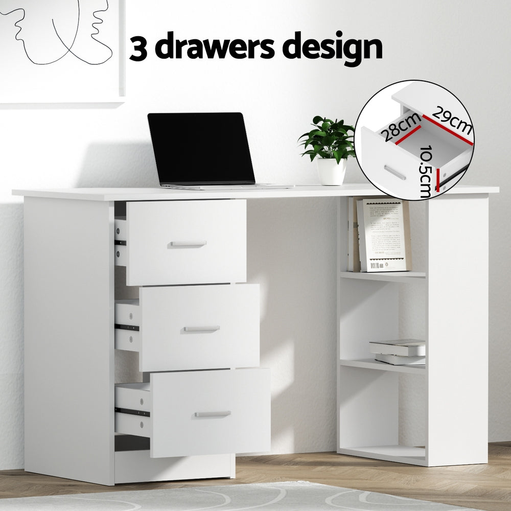 White office desk 3 drawers design infographic with open drawers 28cm wide 29cm deep in home setting