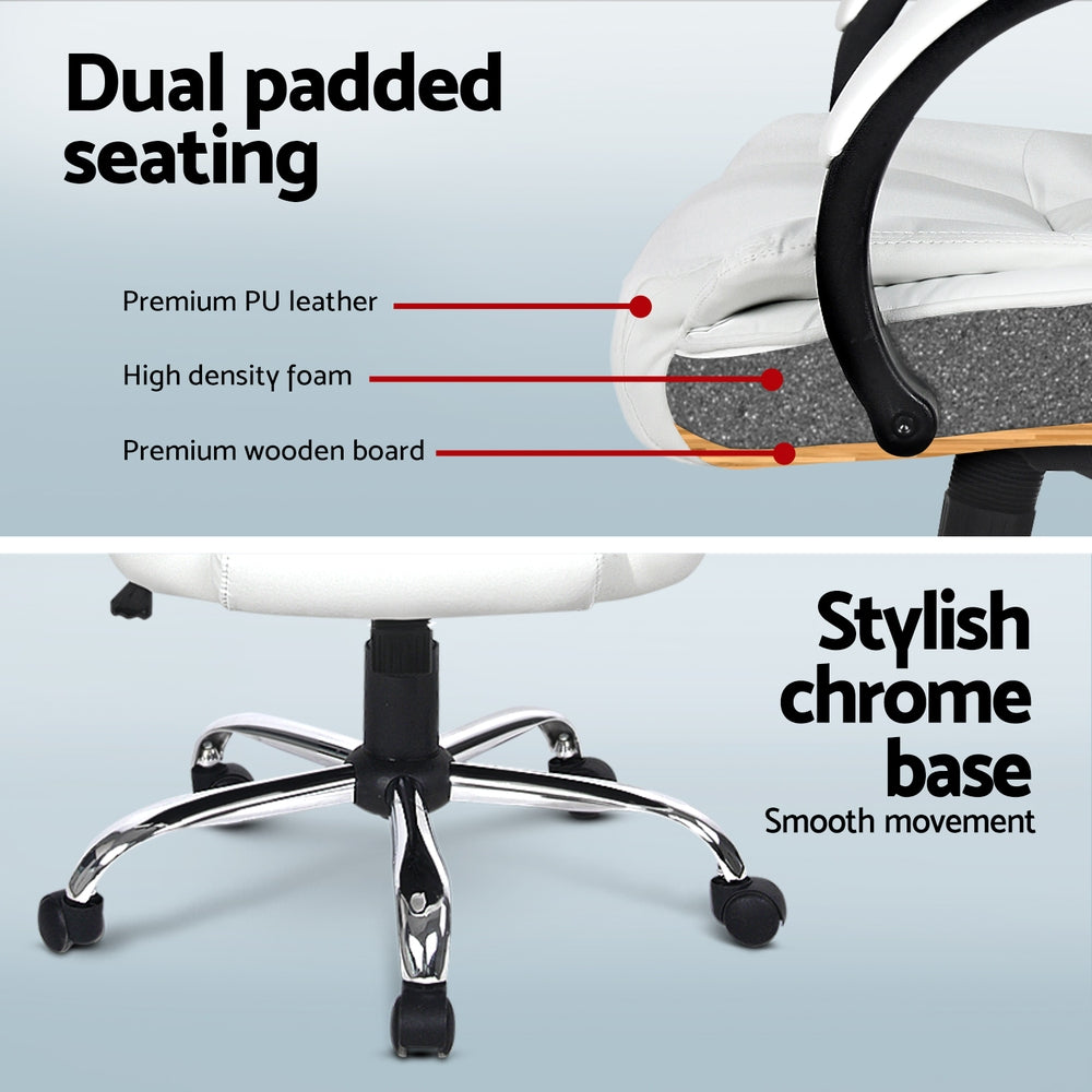 White office chair dual padded seating cross-section showing PU leather foam and wooden board layers