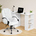 White office desk and PU leather chair lifestyle setup with laptop and desk lamp in home office