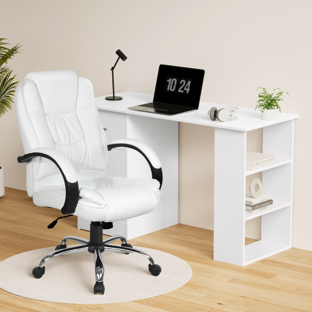 White office desk and PU leather chair lifestyle setup with laptop and desk lamp in home office
