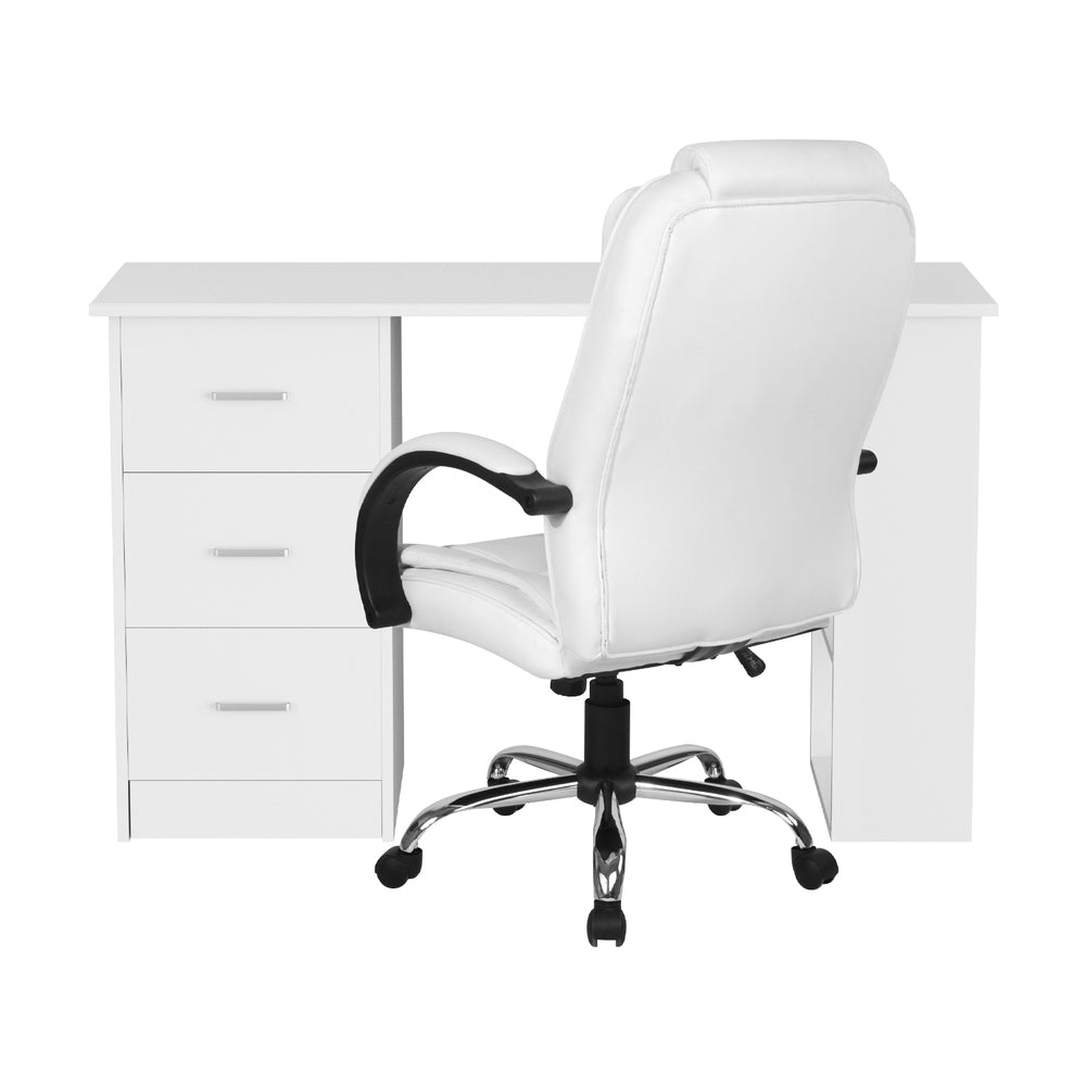 White office desk with three drawers and white executive chair rear view on white background