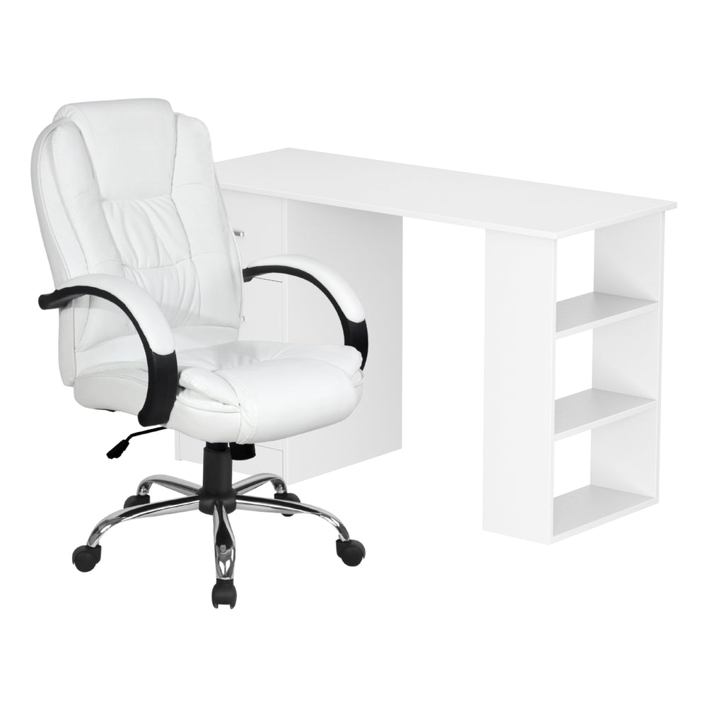 White office desk with side shelves and white PU leather executive chair set on white background