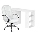 White office desk with side shelves and white PU leather executive chair set on white background