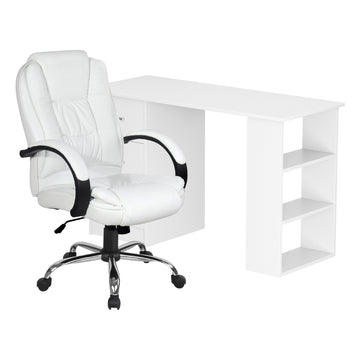 White office desk with side shelves and white PU leather executive chair set on white background