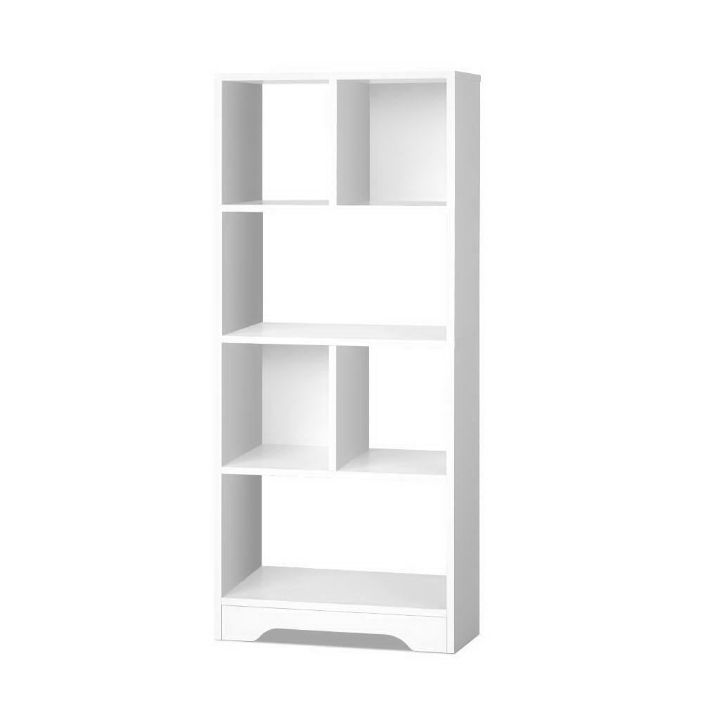 White asymmetric open bookcase with 7 compartments of varying sizes and a small drawer at base, white background