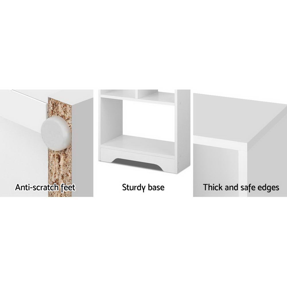 Three-panel detail of white bookcase: anti-scratch rubber feet, sturdy base compartment, and thick safe edges
