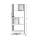 White asymmetric open bookcase dimensions diagram: 48cm wide, 24cm deep, 121cm tall, compartments 23.5cm wide and 26cm deep