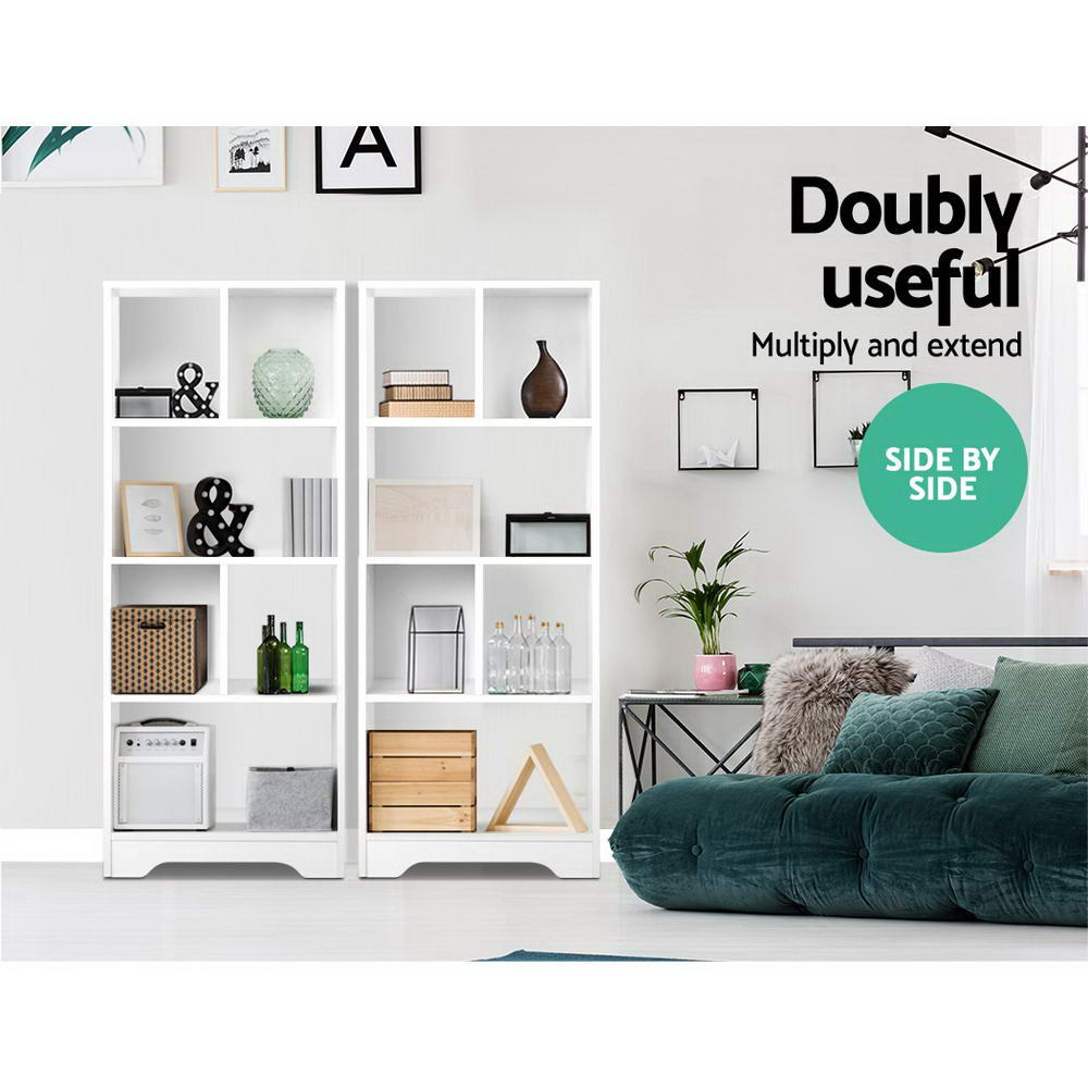 Two white asymmetric open bookcases side by side in living room with green sofa; text reads Doubly useful Side by Side