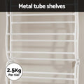 Close-up of white over-door rack tiers on door with Metal tube shelves and 2.5Kg per tier labels