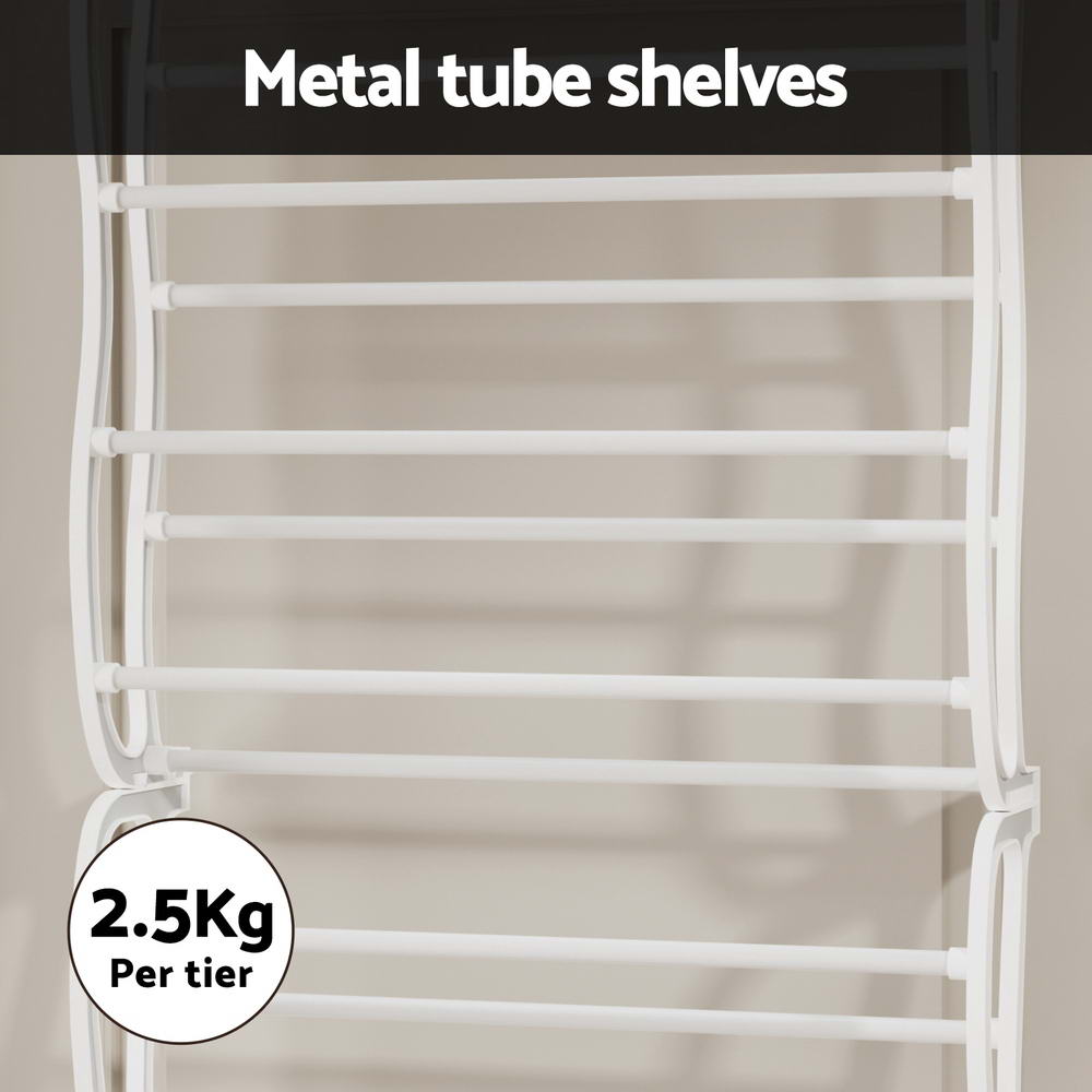 Close-up of white over-door rack tiers on door with Metal tube shelves and 2.5Kg per tier labels