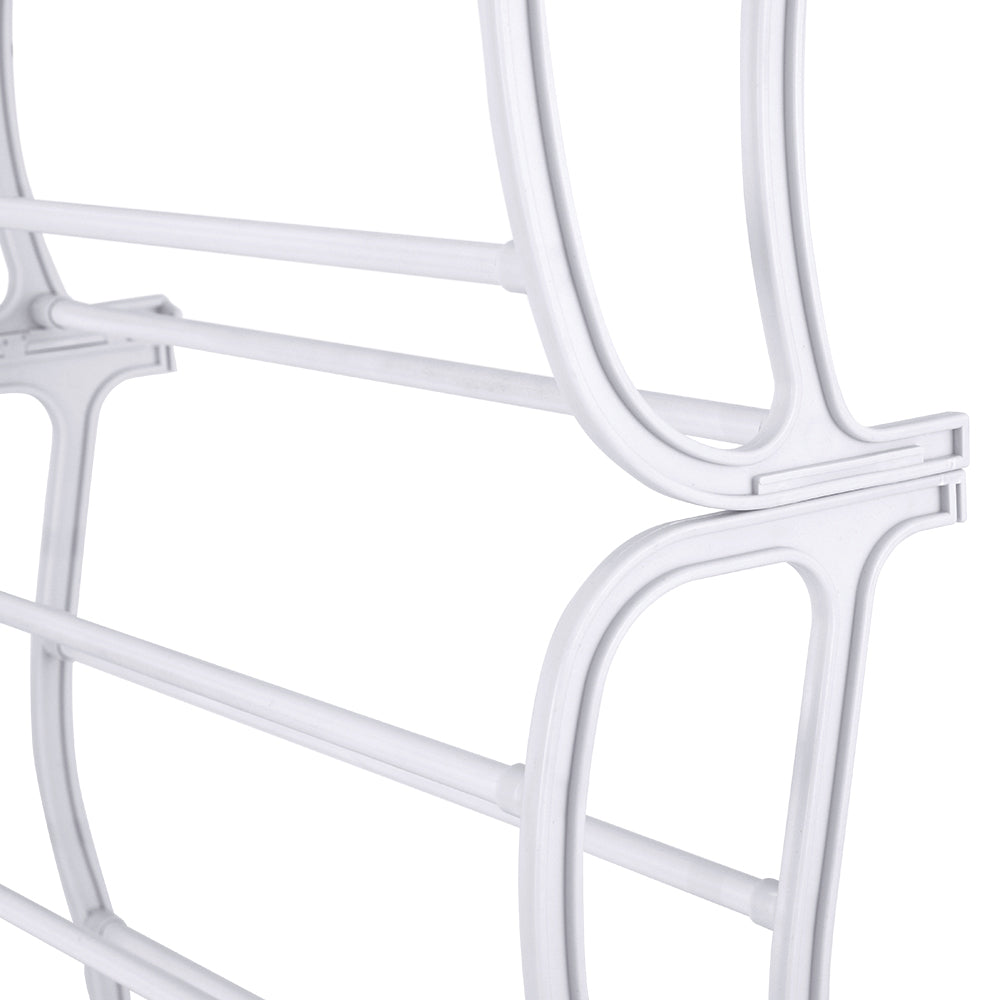 Close-up of curved white plastic frame section joint between two groups on over-door shoe rack