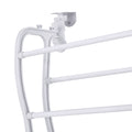 Close-up of door-hook hanger mechanism at top of white over-door shoe rack on white background