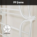 Close-up of white PP frame curved section connector joint on door with fitted joints annotation