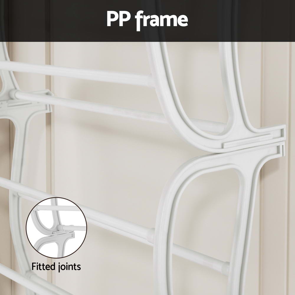 Close-up of white PP frame curved section connector joint on door with fitted joints annotation