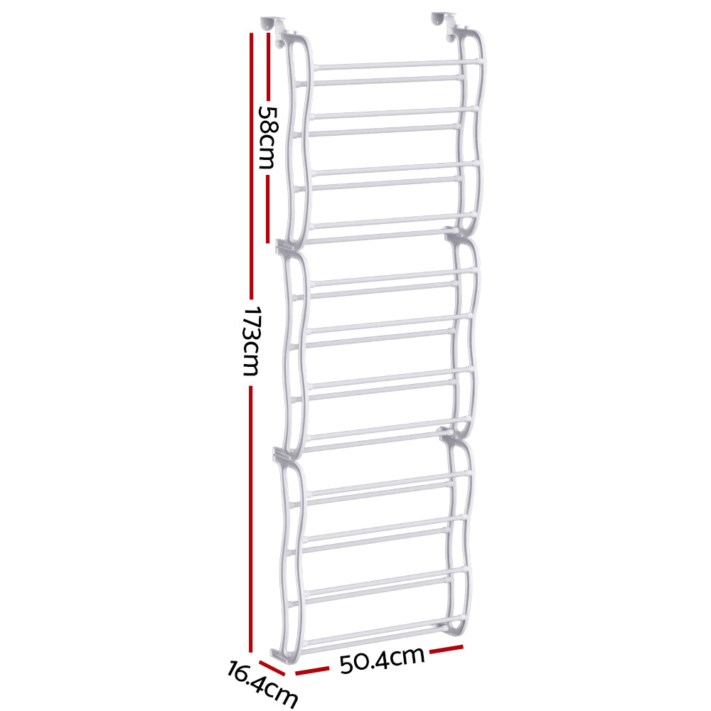 White over-door shoe rack with 12 curved wire tiers in four groups and door-hook hangers on white background