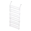 White over-door shoe rack with 12 curved wire tiers in four groups and door-hook hangers on white background
