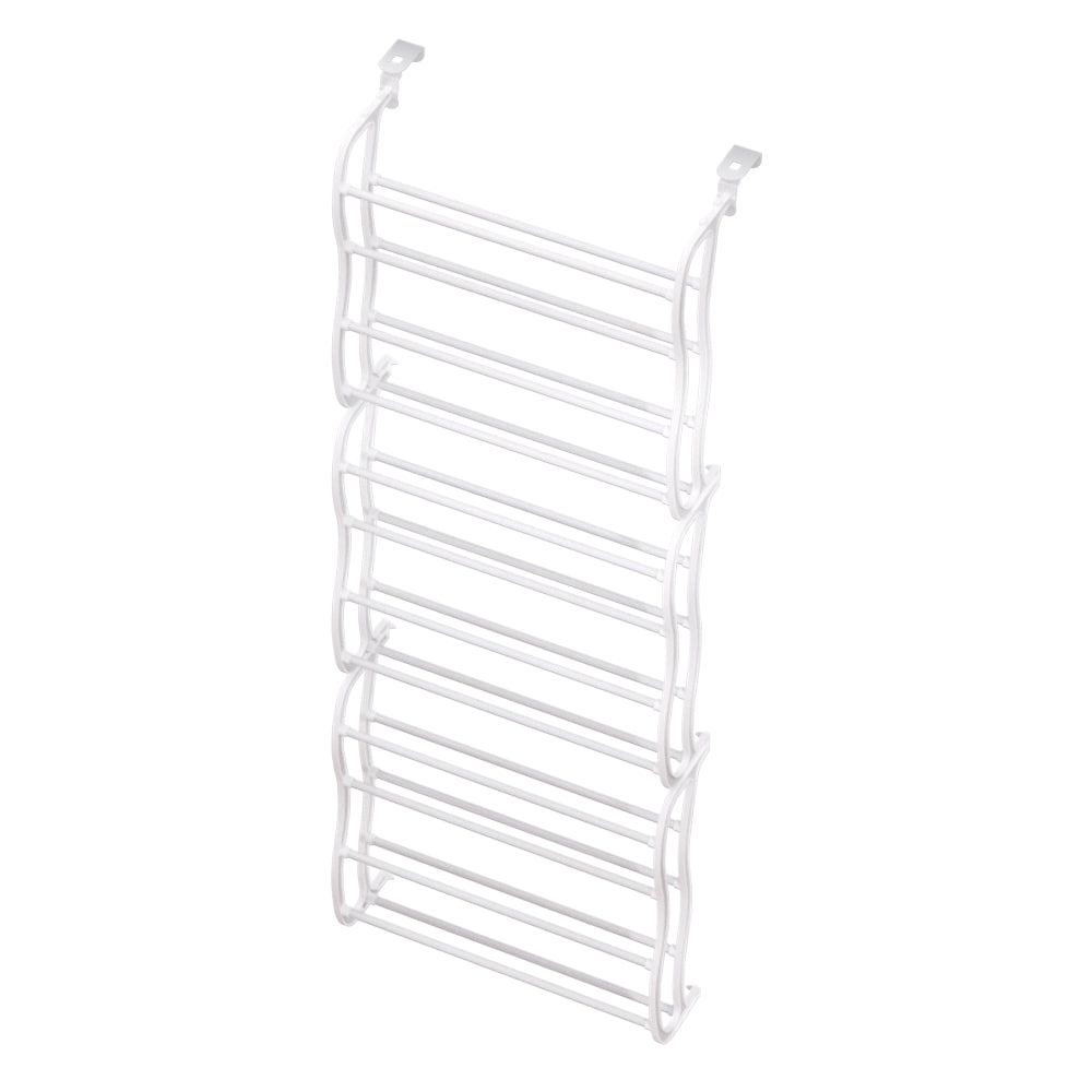 White over-door shoe rack with 12 curved wire tiers in four groups and door-hook hangers on white background