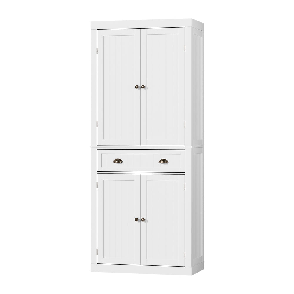 Tall white beadboard pantry cabinet angled view, upper and lower double doors with bronze knobs, middle drawer with cup pulls