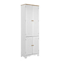White tall pantry cabinet with four bead-panel doors and round wood knobs, natural oak top, three-quarter angle view on white
