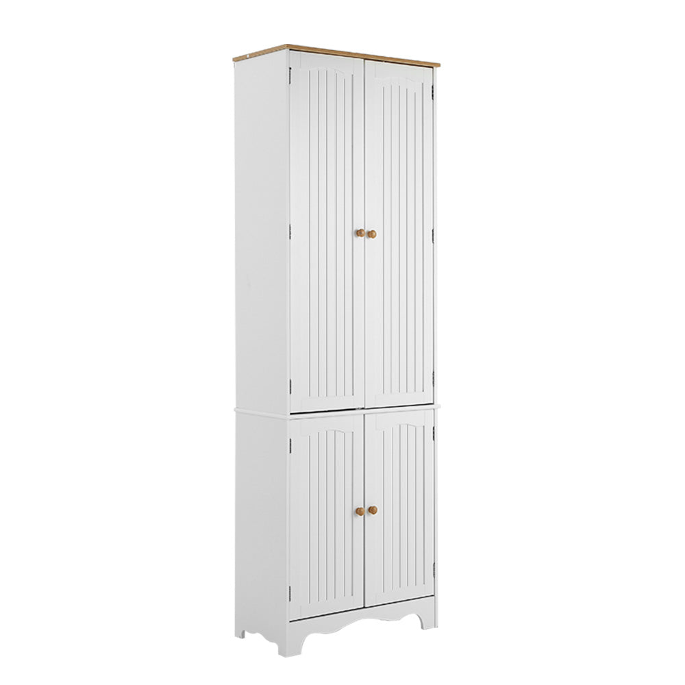 White tall pantry cabinet with four bead-panel doors and round wood knobs, natural oak top, three-quarter angle view on white
