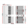 Dimension diagram of white pantry cabinet: 76.5cm wide, 41cm deep, 184cm tall, upper section 85cm, lower section 65.5cm