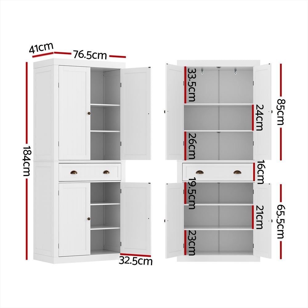 Dimension diagram of white pantry cabinet: 76.5cm wide, 41cm deep, 184cm tall, upper section 85cm, lower section 65.5cm