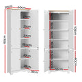 White pantry cabinet dimensions: 183cm tall, 60cm wide, 30cm deep, interior 55cm wide, six shelves ranging 16-30cm height