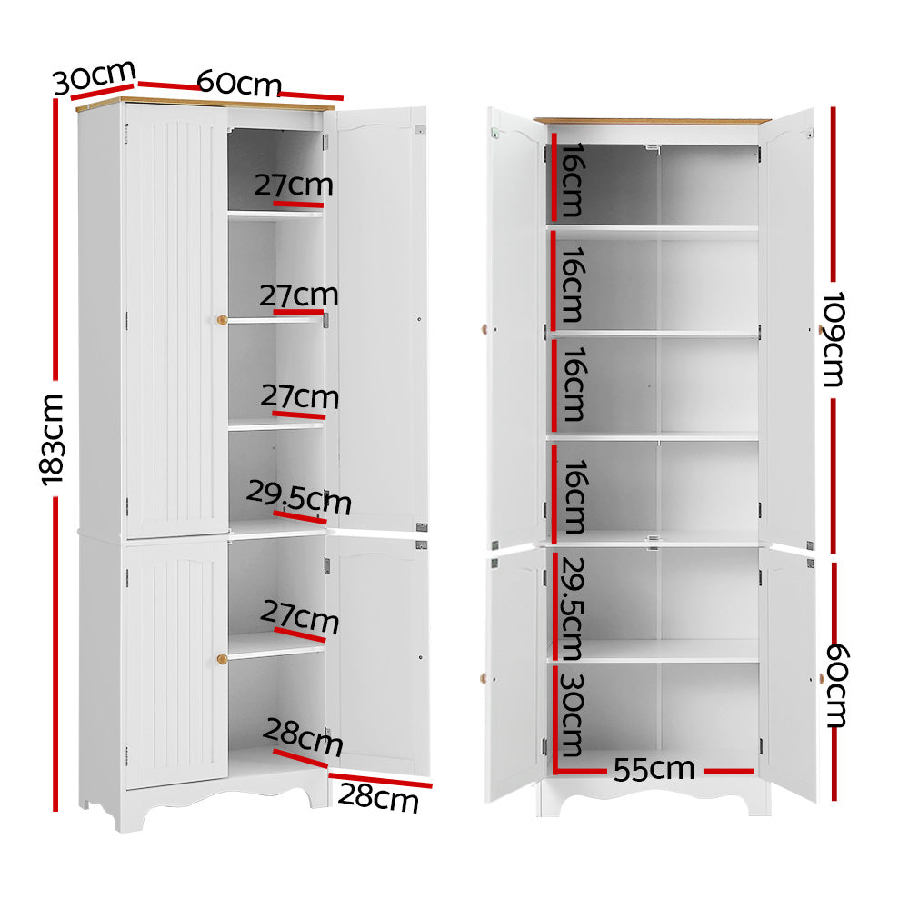 White pantry cabinet dimensions: 183cm tall, 60cm wide, 30cm deep, interior 55cm wide, six shelves ranging 16-30cm height