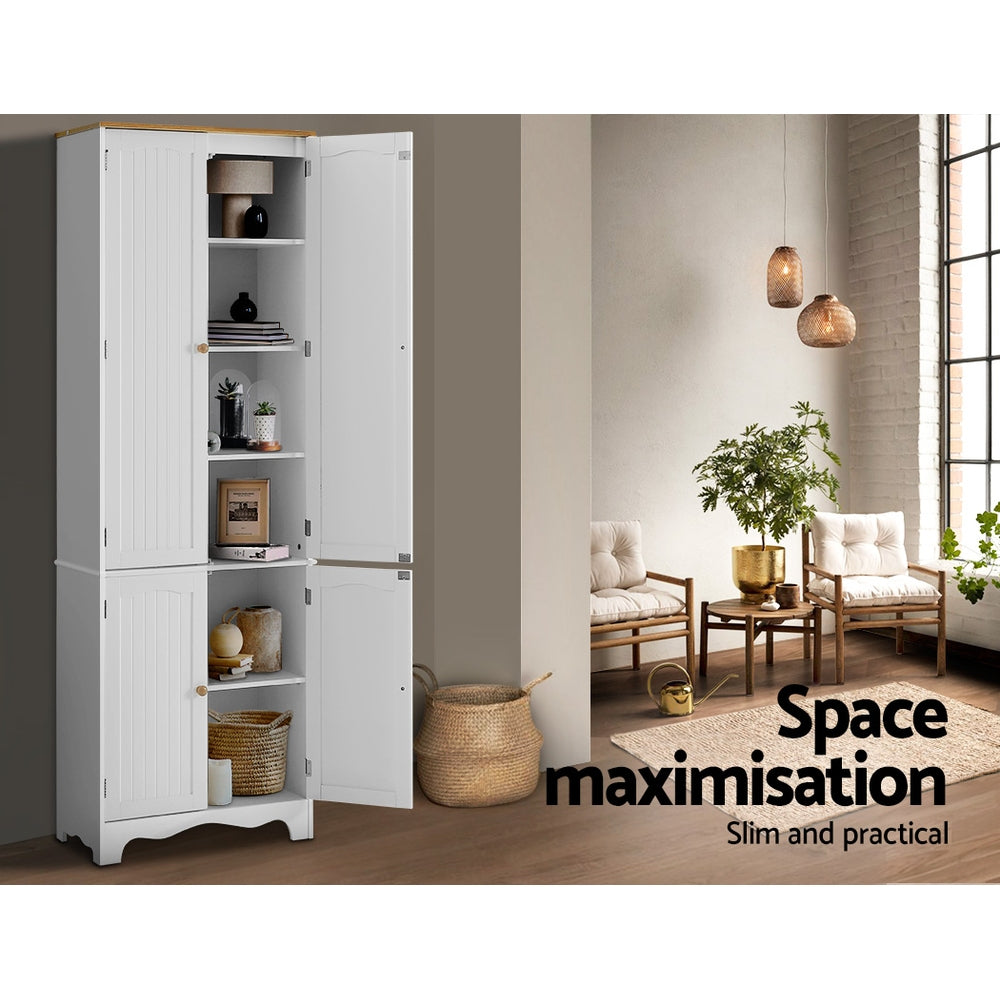 White pantry cabinet with all doors open showing shelves in loft room; text: space maximisation, slim and practical