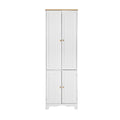 White tall pantry cabinet with four bead-panel doors and round wood knobs, natural oak top, front view on white background