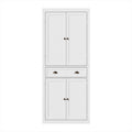 Tall white beadboard pantry cabinet front view on white background, all doors closed, bronze knob and cup pull hardware